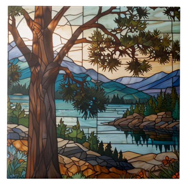 Rustic mountain range landscape stain glass  kakelplatta (Framsidan)