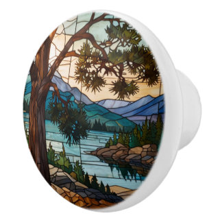 Rustic mountain range landscape stain glass  knopp
