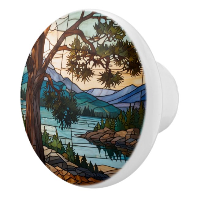 Rustic mountain range landscape stain glass  knopp (Höger)