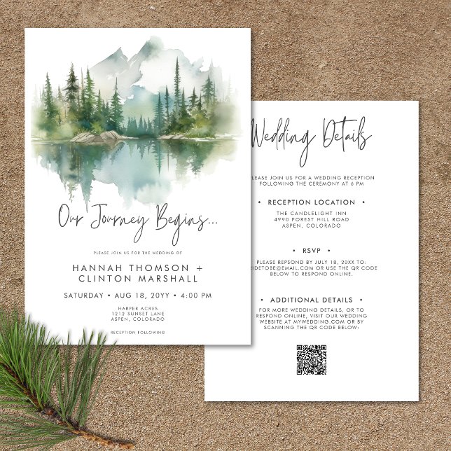 Rustic Mountain Sjö Scene Watercolor Two Side Inbjudningar (Rustic Mountain Lake Scene Watercolor Two-Sided Invitation)