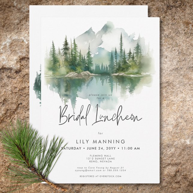 Rustic Mountain Sjö Watercolor Möhippa Luncheon Inbjudningar (Rustic Mountain Lake Watercolor Bridal Luncheon Invitation)