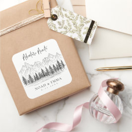 Rustic Mountain Sketch Woodland Gräs Bröllop Fyrkantigt Klistermärke