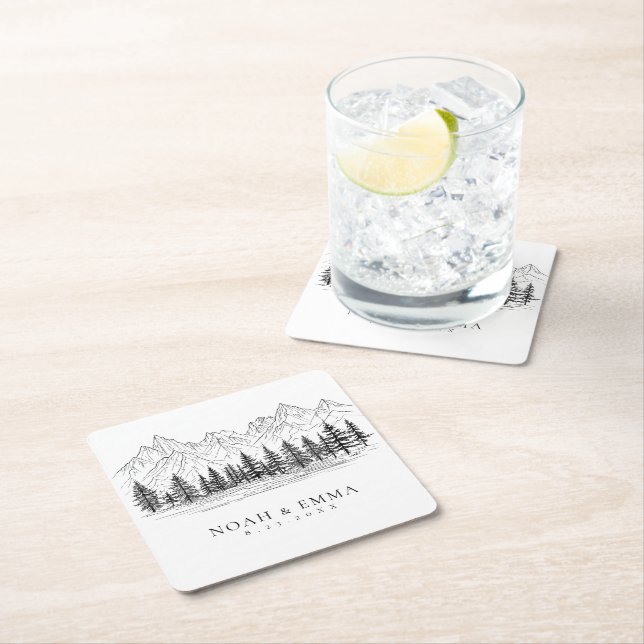 Rustic Mountain Sketch Woodland Gräs Bröllop Underlägg Papper Kvadrat (Insitu)