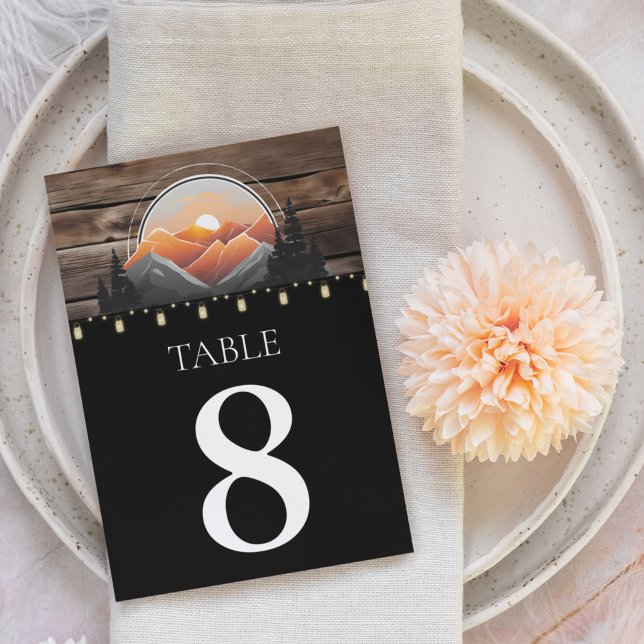 Rustic Mountain Valley Forest Sunset Bröllop Bordsnummer (Rustic Mountain Landscape Summer Mason Jar Lights Table Numbers)