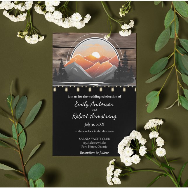 Rustic Mountain Valley Forest Sunset Natature Inbjudningar (Mountain Forest Sunset Lakeside Wedding Invitation Suite.)