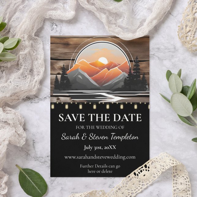 Rustic Mountain Valley Forest Sunset Natature Spara Datumet (Save the Date Rustic Wedding Forest Mountain Wedding Suite)