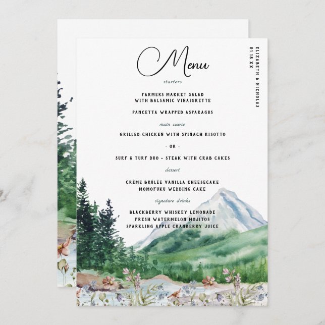 Rustic Mountain Wildblomma | Boho Bröllop Menu Meny (Fram/baksida)
