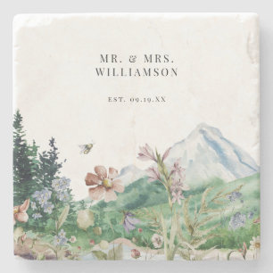 Rustic Mountain Wildblomma Bröllop Monogram Stenunderlägg
