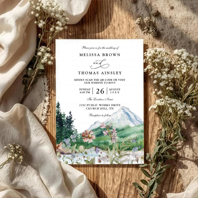 Rustic Mountain Wildflower Boho QR code Wedding Inbjudningar (Skapare uppladdad)