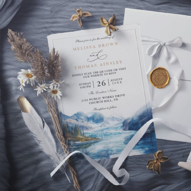 Rustic Mountains Lake Montana QR Code Wedding Inbjudningar (Skapare uppladdad)