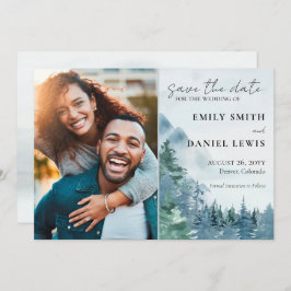 Rustic Mountains och Träd Watercolor Dusty Blue Spara Datumet