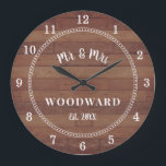 Rustic Mr och Monogrammed Bröllop Newlyweds Stor Klocka<br><div class="desc">En gammal modern lada-vedskiva med monokamerad bröllop-väggklocka med datum fastställt.</div>