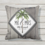 Rustic Mr. och mrs Grått Monogram Handflatan Träd  Kudde<br><div class="desc">Rustic Mr. och Grått Monogram Handflatan Newlyed Pillow är designade med grått Faux lador som bakgrund på båda sidor. På framsidan och baksidan finns en vacker grönt handflatan träd i mitten av den vita rombformade formen som gränsar till ram. Texten är "Mr & Mrs" i trendigets smala lettering. Det nya...</div>