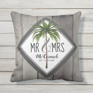 Rustic Mr. och mrs Grått Monogram Handflatan Träd  Kudde