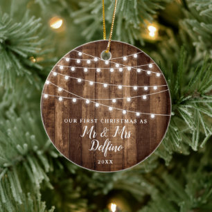 Rustic Mr och Personlig Wood String Ljus Julgransprydnad Keramik