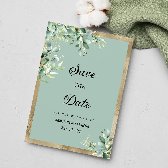 Rustic mynta guld eucalyptus löv Spara datum Inbjudningar (Rustic mint gold eucalyptus leaves Save The Date )