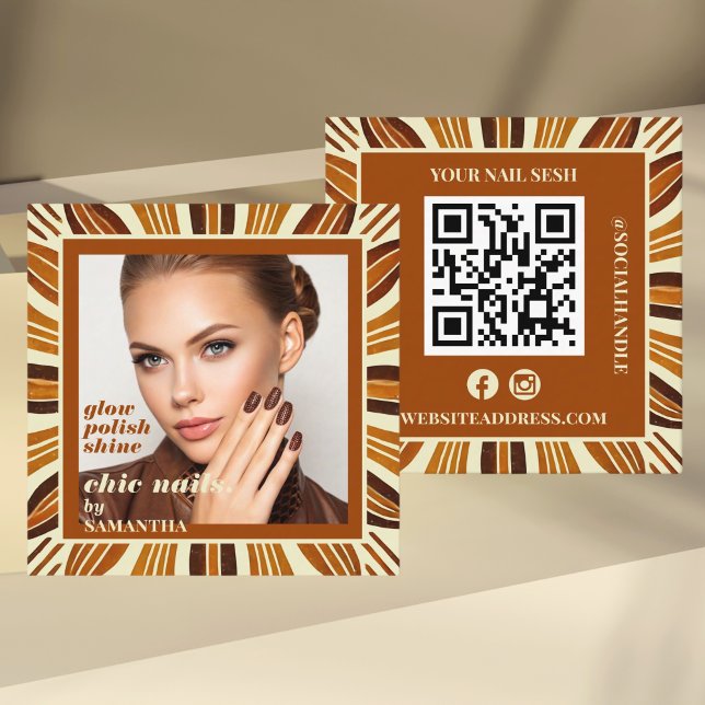 Rustic Nail Salon Business Photo Social och QR-kod Fyrkantigt Visitkort (Skapare uppladdad)
