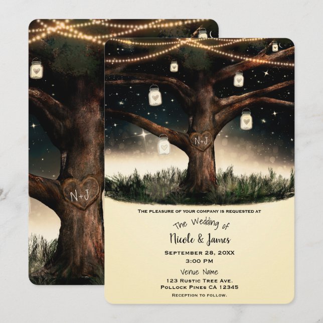 Rustic Natt Träd med Ljus & Mason Burk Bröllop Inbjudningar (Fram/baksida)