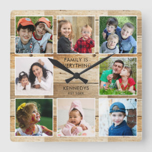 Rustic Natural Wood 8 Photo Collage Family Quote Fyrkantig Klocka