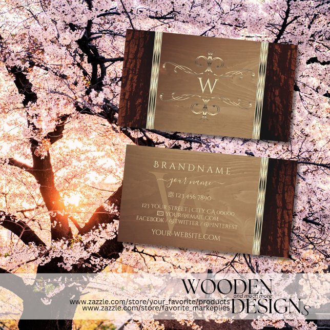 Rustic Nature Träd Bark Grain Guld Gräns Monogram Visitkort (Skapare uppladdad)