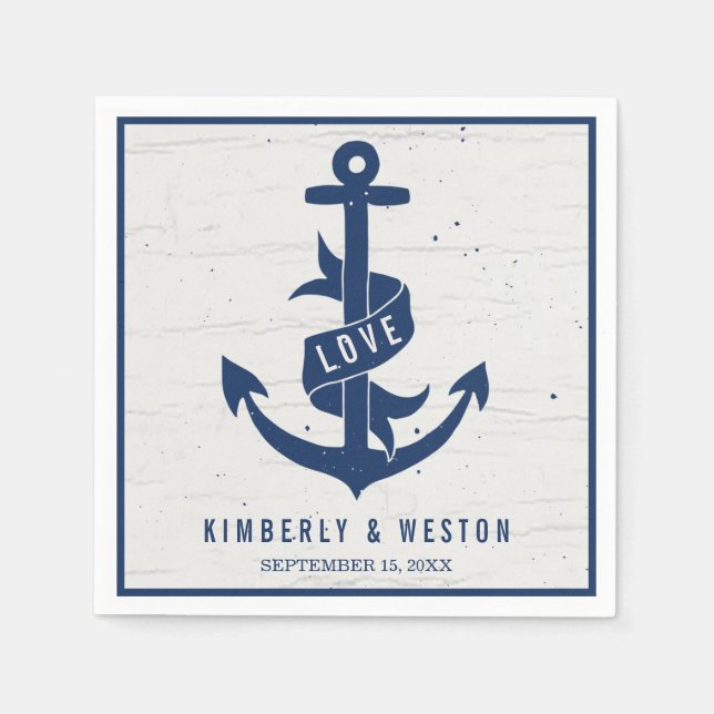 Rustic Nautical Anchor Bröllop Napkins / Navy Pappersservett (Framsidan)