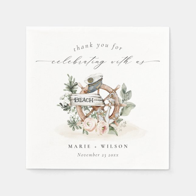 Rustic Nautical Anchor Wheel Leafy Blommigt Bröllo Pappersservett (Framsidan)