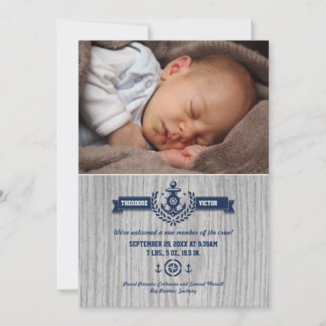 Rustic Nautical Baby Photo Birth Meddelande (Framsida)