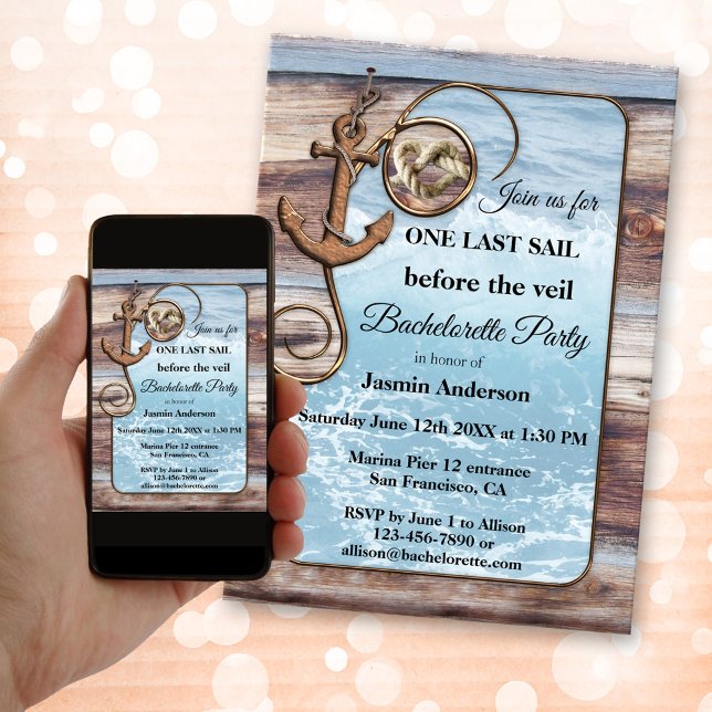 Rustic Nautical Bachelorette Sailing Investigation Inbjudningar (Nautical themed bachelorette invitation showing an image of an ocean framed by rustic weathered wood)