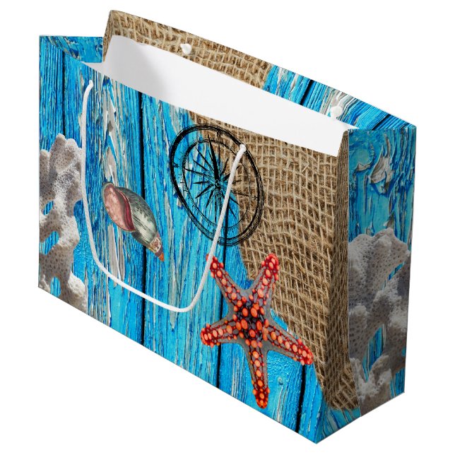 Rustic Nautical Blue Wood Burlap Starfish (Framsidan Vinklad)