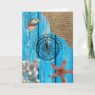 Rustic Nautical Blue Wood Burlap Starfish Birthday Kort