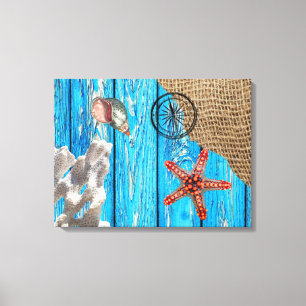 Rustic Nautical Blue Wood Burlap Starfish Canvastryck