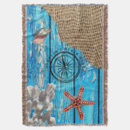 Rustic Nautical Blue Wood Burlap Starfish Filt