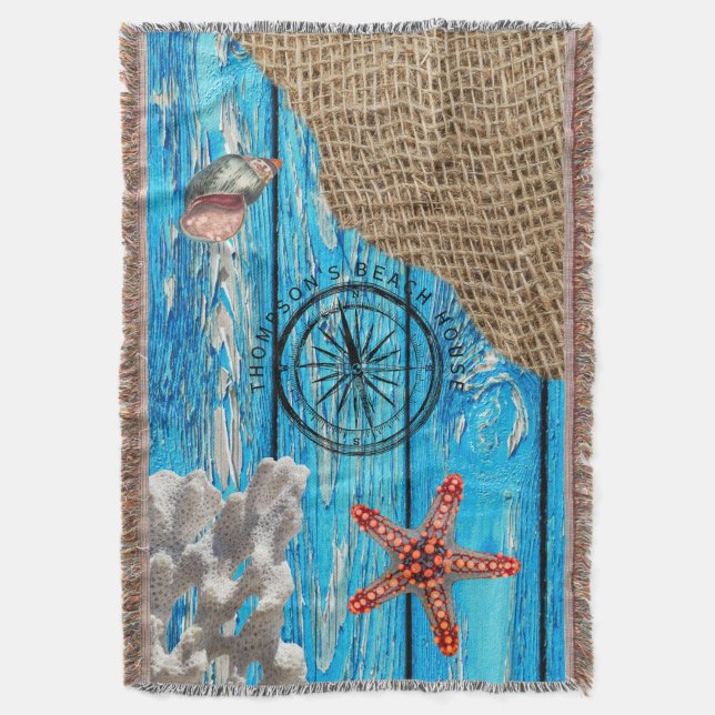 Rustic Nautical Blue Wood Burlap Starfish Filt (Framsidan Vertikal)