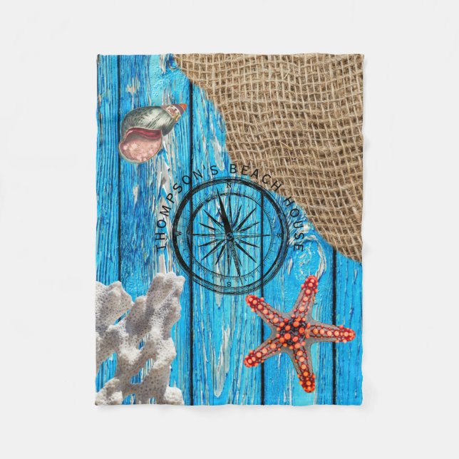 Rustic Nautical Blue Wood Burlap Starfish Fleecefilt (Framsidan)