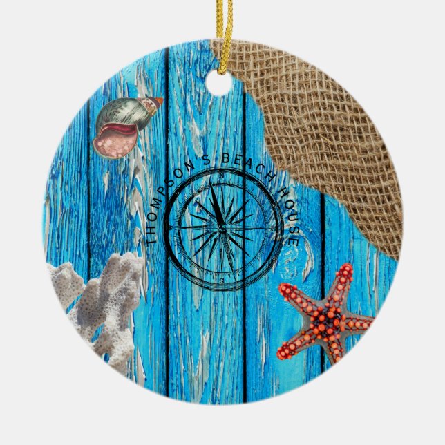 Rustic Nautical Blue Wood Burlap Starfish Julgransprydnad Keramik (Framsidan)