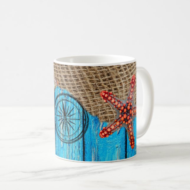 Rustic Nautical Blue Wood Burlap Starfish Kaffemugg (Framsida höger)
