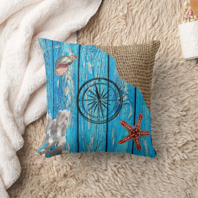 Rustic Nautical Blue Wood Burlap Starfish Kudde (Filt)