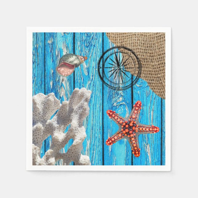 Rustic Nautical Blue Wood Burlap Starfish Pappersservett (Framsidan)