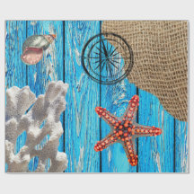 Rustic Nautical Blue Wood Burlap Starfish