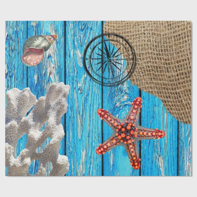 Rustic Nautical Blue Wood Burlap Starfish Presentpapper (Platt)