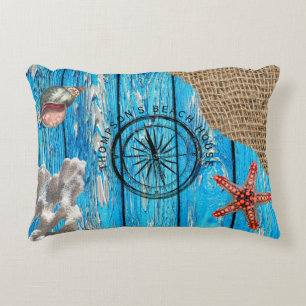 Rustic Nautical Blue Wood Burlap Starfish Prydnadskudde