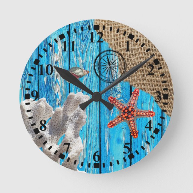 Rustic Nautical Blue Wood Burlap Starfish Rund Klocka (Framsida)