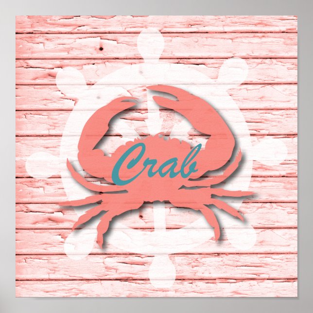 Rustic Nautical Crab on Peeling Wood | Skriv ut Poster (Framsidan)