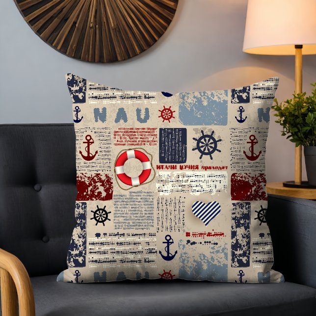 Rustic Nautical Grunge Anchor Wheel Heart Mönster Kudde (Skapare uppladdad)