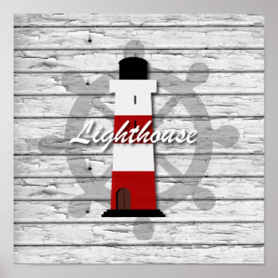 Rustic Nautical Lighthouse on Grått Weasted Wood Poster