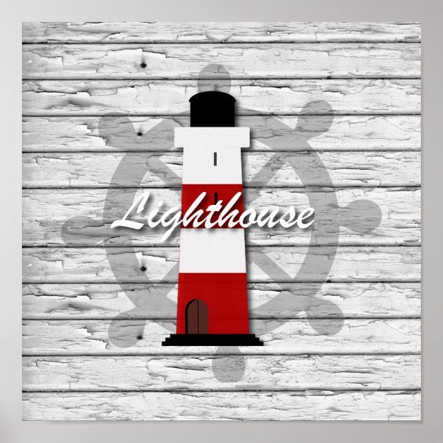 Rustic Nautical Lighthouse on Grått Weasted Wood Poster (Framsidan)