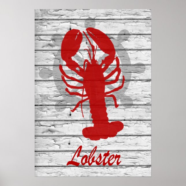 Rustic Nautical Lobster on Weasted Wood | Skriv ut Poster (Framsidan)