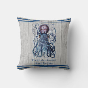 Rustic Nautical Navy Octopus Coastal Grått wood Kudde