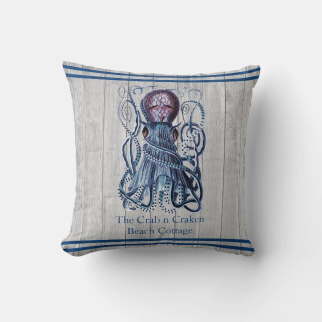 Rustic Nautical Navy Octopus Coastal Grått wood Kudde (Framsida)