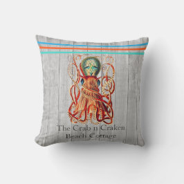 Rustic Nautical Octopus Coral Teal Blue Grått wood Kudde